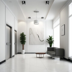 Fototapeta premium Comfortable office lobby interior with blank white wall.