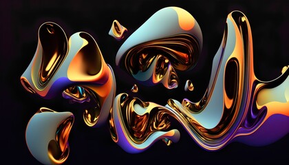 Abstract liquid gradient in shades of blue, gold and purple with a shiny, reflective finish. Swirling lines and shapes create a mesmerizing background element Generative AI