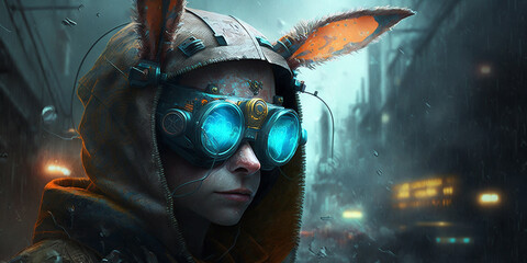 Cyberpunk style illustration. A teenager in blue glasses and a hood with long ears against the backdrop of a gloomy city. Generative AI.