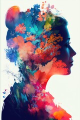 Double exposure woman profile and flowers mental health women's day illustration. Women's history month banner generative ai	