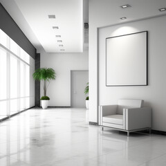 Comfortable office lobby interior with blank white wall.