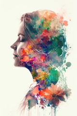 Double exposure woman profile and flowers mental health women's day illustration. Women's history month banner generative ai	