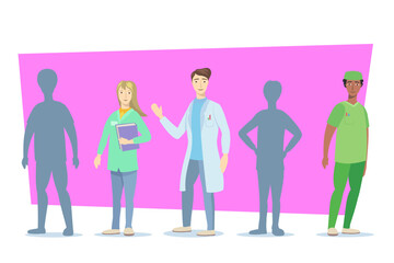 Happy healthcare workers vector illustration. Three doctors and nurses standing with empty silhouettes between them. Health workforce shortage, recruiting problem, medical profession concept