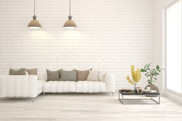 White living room with sofa and white brick wall. Scandinavian interior design. 3D illustration