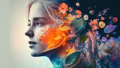 Double exposure woman profile and flowers mental health women's day illustration. Women's history month banner generative ai	