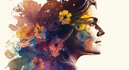 Naklejka na ściany i meble Double exposure woman profile and flowers mental health women's day illustration. Women's history month banner generative ai 