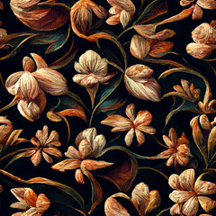 Fototapeta premium Seamless pattern of orange flowers on a black background. Generative AI.