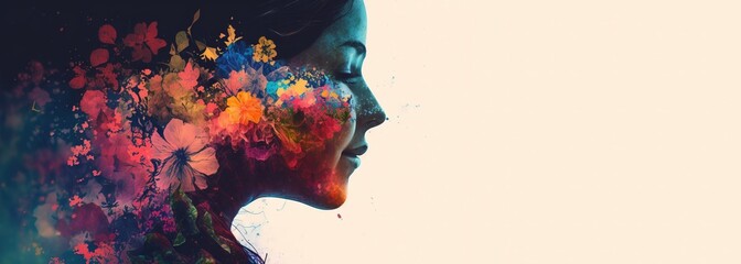 Double exposure woman profile and flowers mental health women's day illustration. Women's history month ultra-wide banner with copy space generative ai	