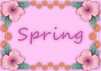 Fondo rosa con marco de flores de primavera.