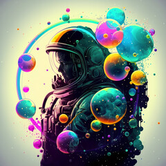 An astronaut in a beautiful colorful bubbles galaxy on another planet. Generative AI.