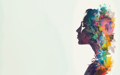 Double exposure woman profile and flowers mental health women's day illustration. Women's history month ultra-wide banner with copy space generative ai	