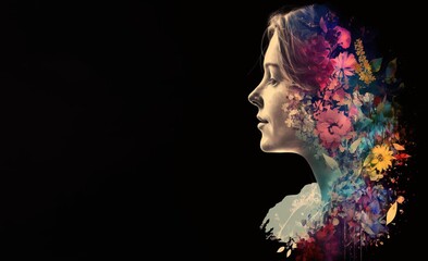 Double exposure woman profile and flowers mental health women's day illustration. Women's history month ultra-wide banner with copy space generative ai	