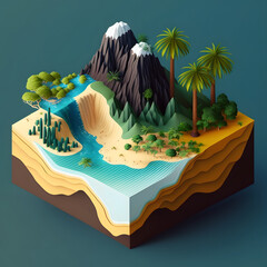 AI Generative illustration isometric design, mount and river, environmental with layer soil tree, stone nature sand 