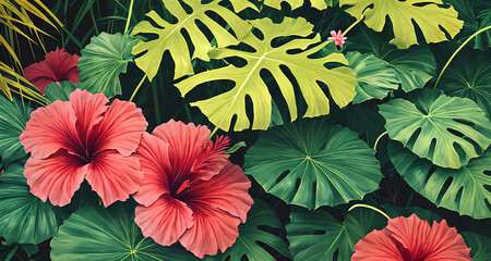 Decorative background with exotic tropical leaves and flowers. Generative AI