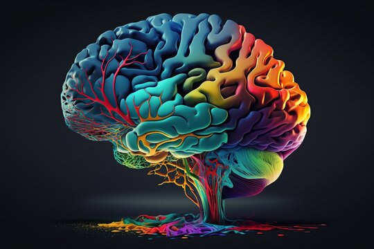 Colorful human brain model, isolated on black background. Generative AI illustration.