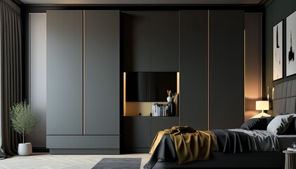 Fitted modern wardrobe around bed to have a place to store the fancy clothes, interior