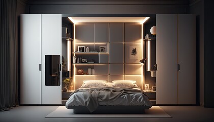 Fitted modern wardrobe around bed to have a place to store the fancy clothes, interior