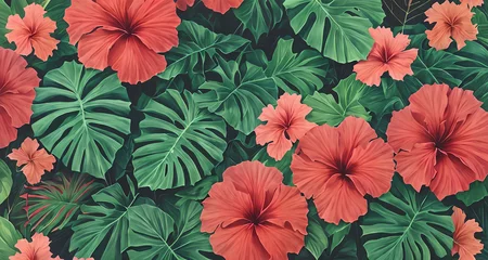  Decorative background with exotic tropical leaves and flowers. Generative AI © cmapuk_0nline