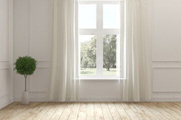 Fototapeta premium White empty room with summer landscape in window. Scandinavian interior design. 3D illustration