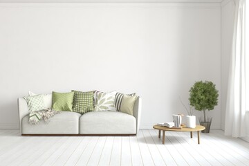 White modern interior design with sofa. Scandinavian interior design. 3D illustration