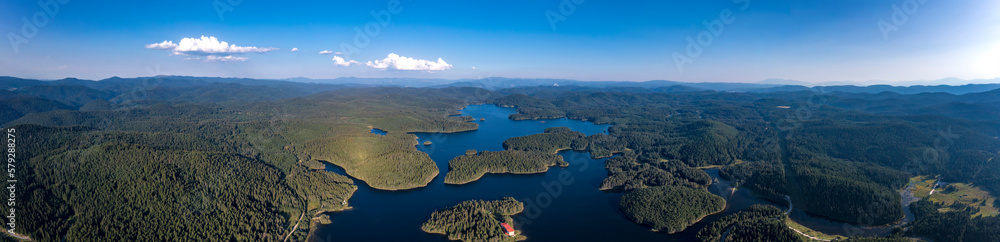 Wall mural amazing aerial panorama of blue water and green forest.