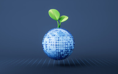 Digital earth with sprout plant on the top, 3d rendering.