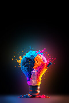 a colorful glowing 3d idea bulb lamp with copy space, visualization of brainstorming, bright idea and creative thinking, generative ai