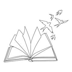 Open book with birds flying out of it Line art drawing vector illustration.Imagination for Education,idea and learning concept.International Literacy Day.Cultural knowledge or reading imagination