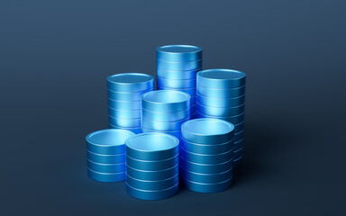 Blue metallic stacked coins, 3d rendering.