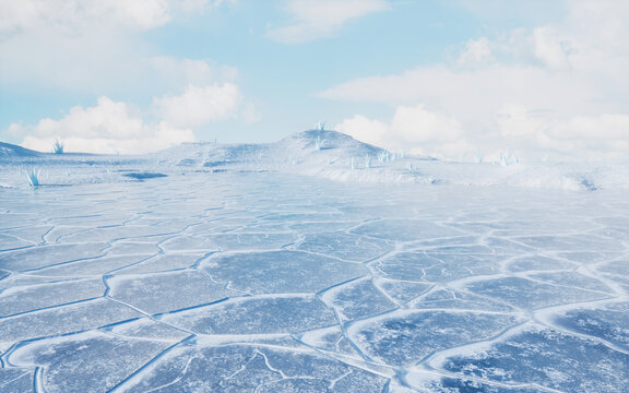 Ice ground with crack pattern, 3d rendering.