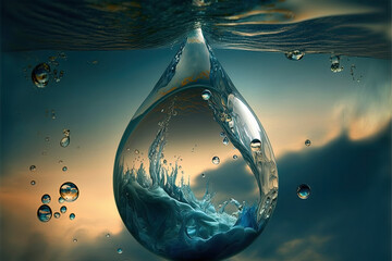 World water day. Realistic drop of water falling on blue sea background. Ai generated art