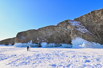 Nature Landscape of Rock Cliffs with Ice and Frozen Lake Baikal