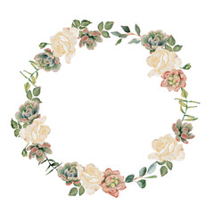 watercolor succulent pland and flower bouquet wreath frame isolated on white background