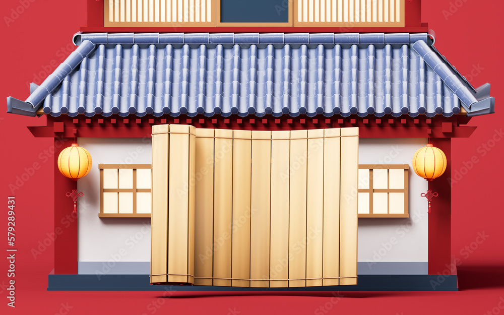 Poster chinese ancient building with retro style, 3d rendering.