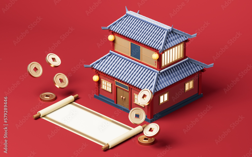 Poster chinese ancient building with retro style, 3d rendering.
