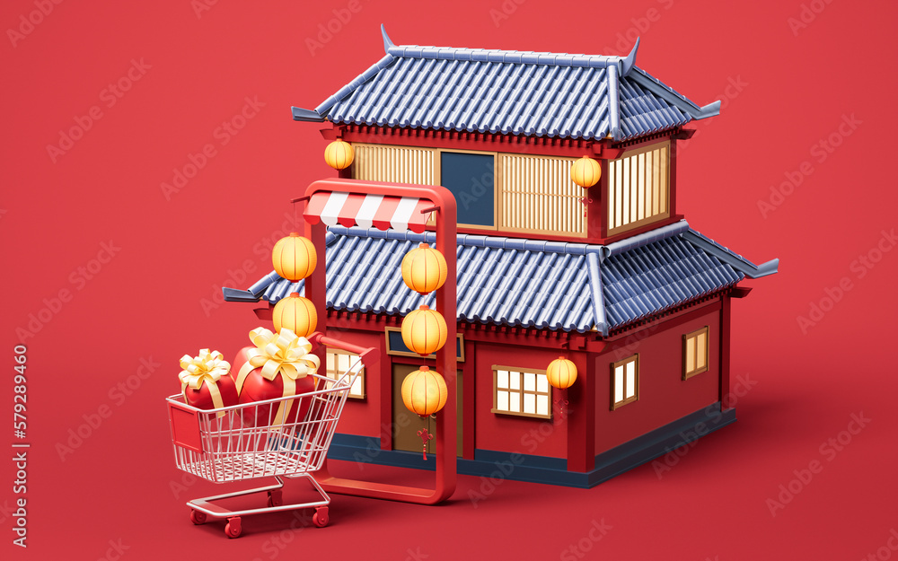 Poster chinese ancient building with retro style, 3d rendering.