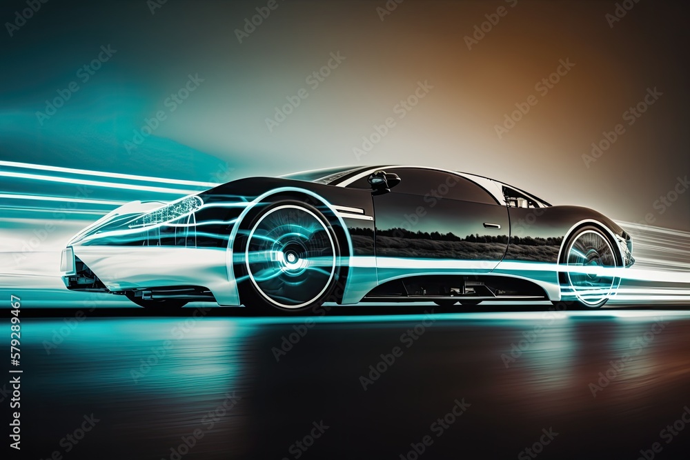 Poster electric vehicle with a visible speedometer. fast moving car seen from the side from a low angle, do