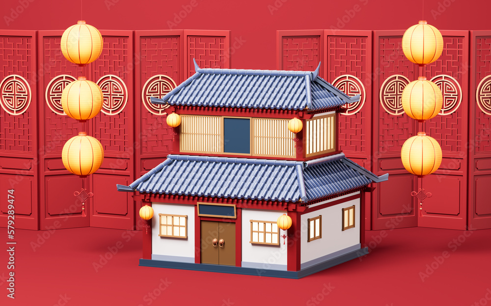 Poster chinese ancient building with retro style, 3d rendering.