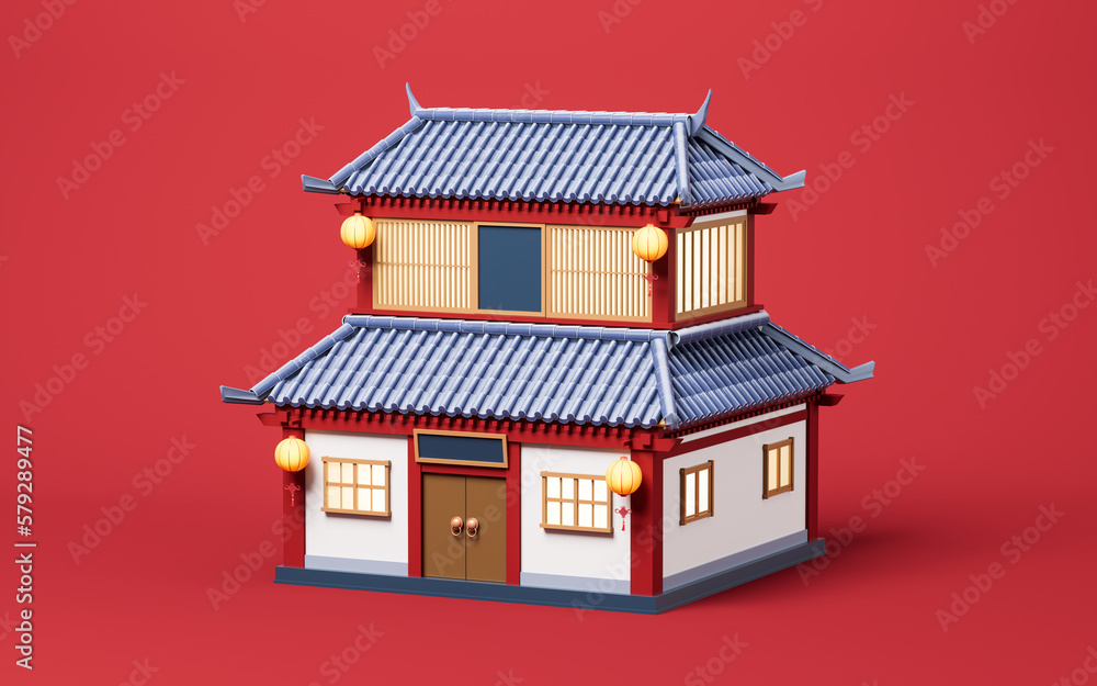Poster chinese ancient building with retro style, 3d rendering.
