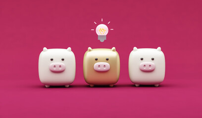 Piggy Bank on dark pink background. 3d rendering of glowing light bulb. Concept of piglet and pig mom, finance and money accumulation. Viva magenta trend color. 