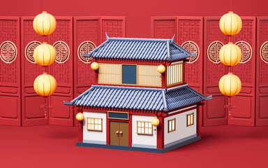 Chinese ancient building with retro style, 3d rendering.