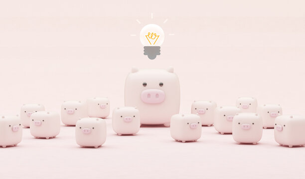 Piggy Bank on pastel pink background. Minimal concept ideas. 3d rendering of glowing light bulb. Concept of piglet and pig mom, finance and money accumulation