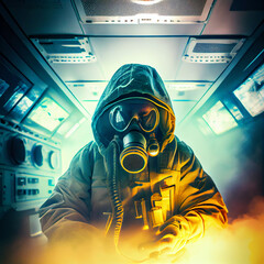 Lone scientist in full hazmat suit and respirator descending into a radioactive laboratory.