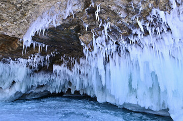 Icicles on Rock Cliffs of Lake Baikal During Winter in Eastern Siberia