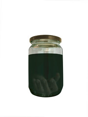 Severed human palm glass jar with dark green fluid side view isolted