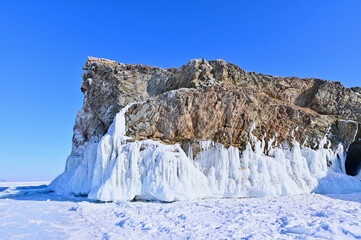 Rock Cliffs with Ice Near Olkhon Island on Lake Baikal During Winter in Russia