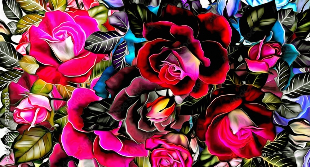 Poster computer graphics of abstract floral psychedelic background stylization of colored chaotic stickers 