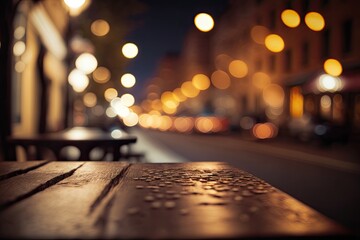 Fototapeta na wymiar Bokeh of a city street at night, a long wooden table, and a top desk. Generative AI