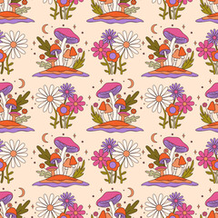 Colorful groovy seamless pattern with mushrooms and flowers. 70s and 60s style vintage hippie background. Psychedelic seventies floral texture. Vector graphic design