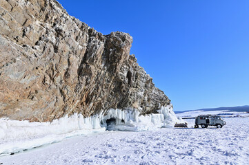 Winter Landscape of Rock Cliffs Near Olkhon Island at Frozen Lake Baikal in Russia